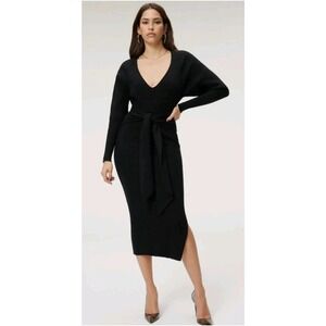 Good American 4X/5X Black Ribbed Knit V-Neck Dolman Sleeve Tie Waist Midi Dress